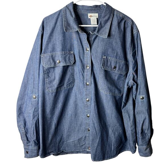 Dickies Women’s Denim Shirt Button Down Size 2XL Classic Staple Tab Up Sleeves - Picture 1 of 12